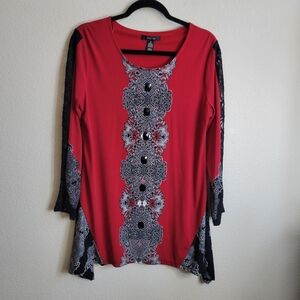 Style & Co. Red & Black Tunic Top W Lace & Rhinestone Accents Ladies Medium